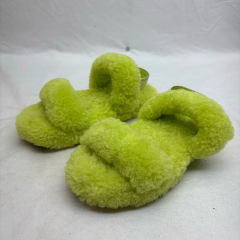 Ugg Kids Fuzzy Slide Sandals in Neon Lime - Plush Comfort